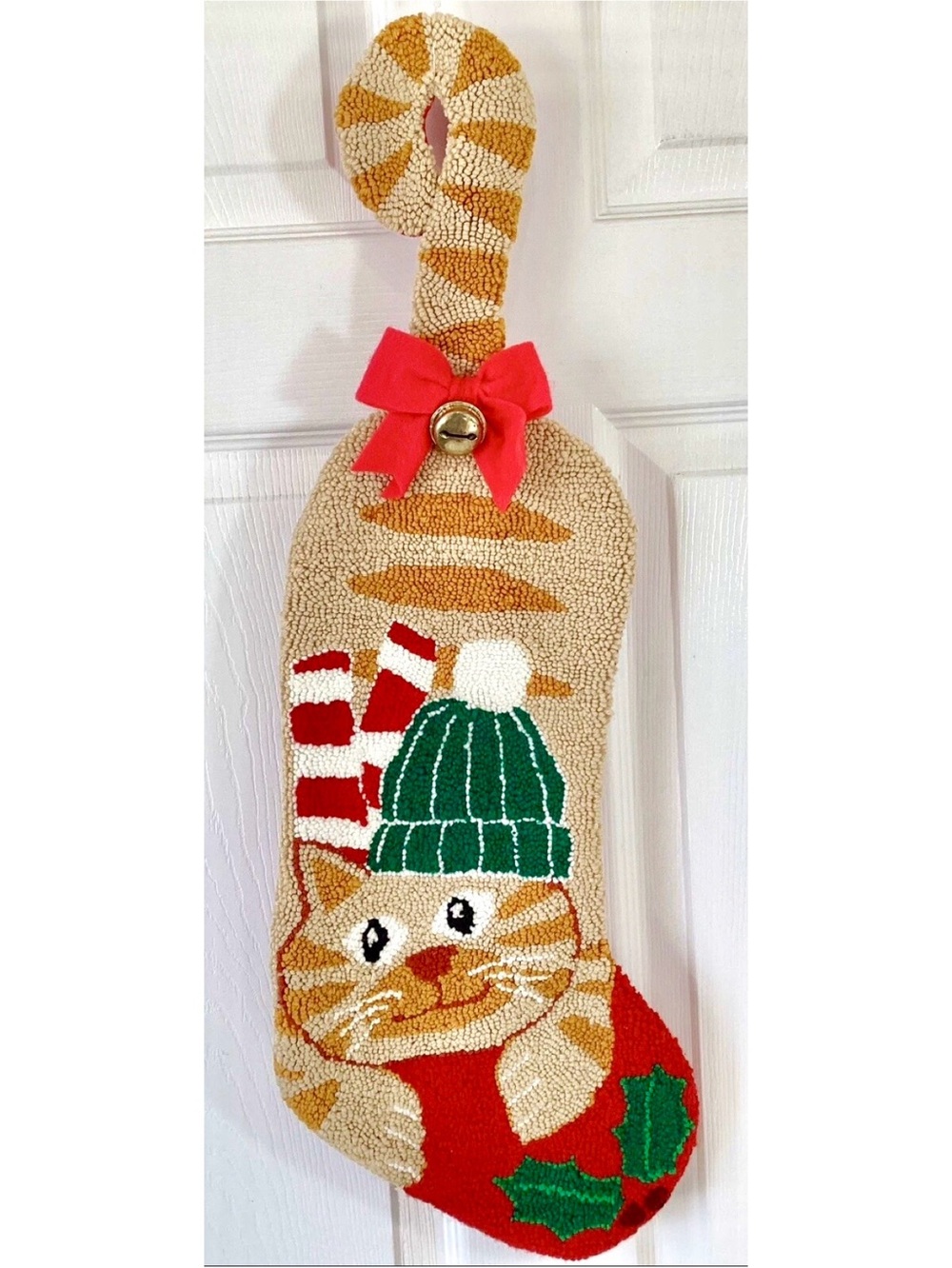 Vintage Needlepoint Latch Hook/Velvet Tabby Kitty Cat Christmas Stocking 27”